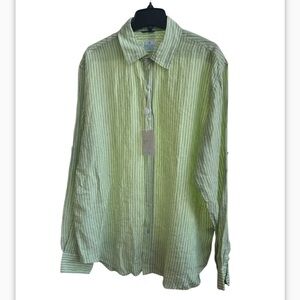 Toscano 100% Linen Button Up Shirt Flip Cuff Green Striped Size XL New with tags